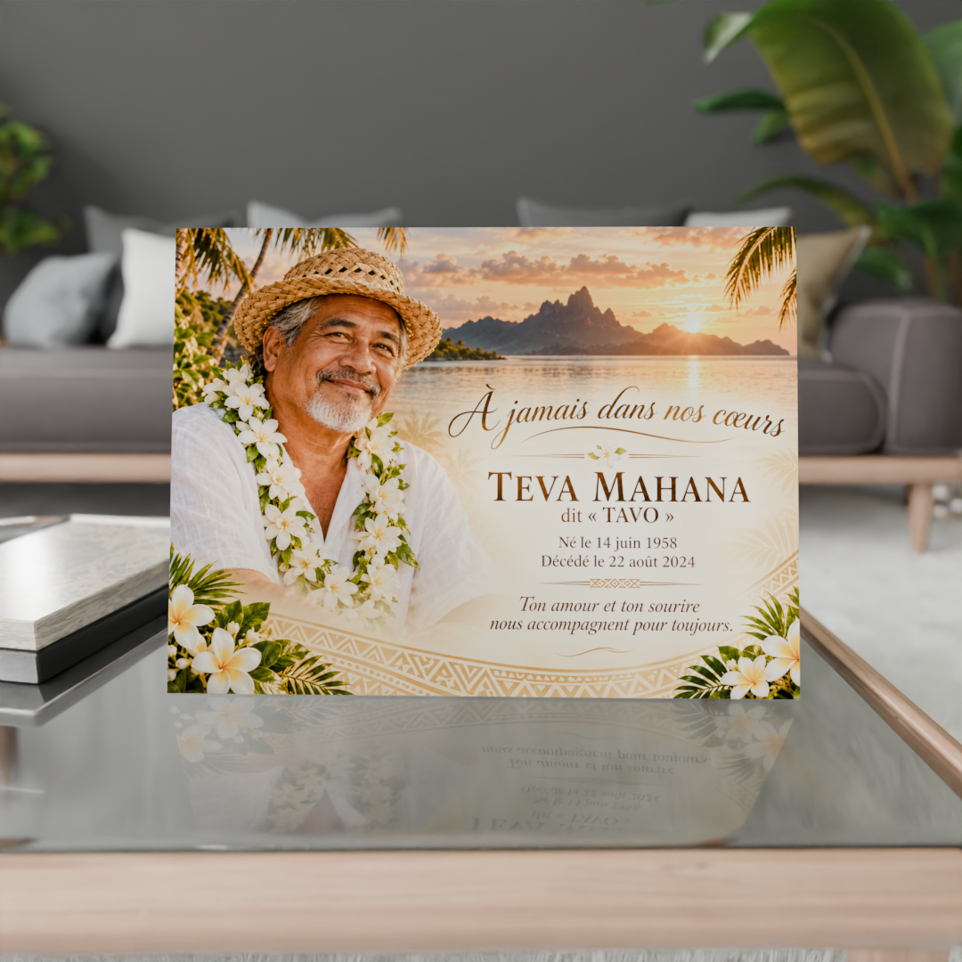 Plaque hommage Toussaint personnalisée avec photo, nom et dates, fabriquée à Punaauia