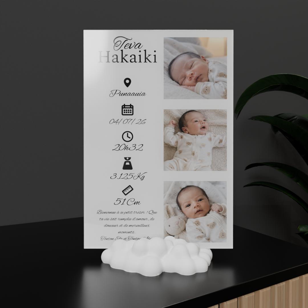 Cadre naissance bébé 20×30 en plexi avec 3 photos et infos de naissance, sur socle nuage blanc imprimé en 3D — Hakaiki Print Tahiti