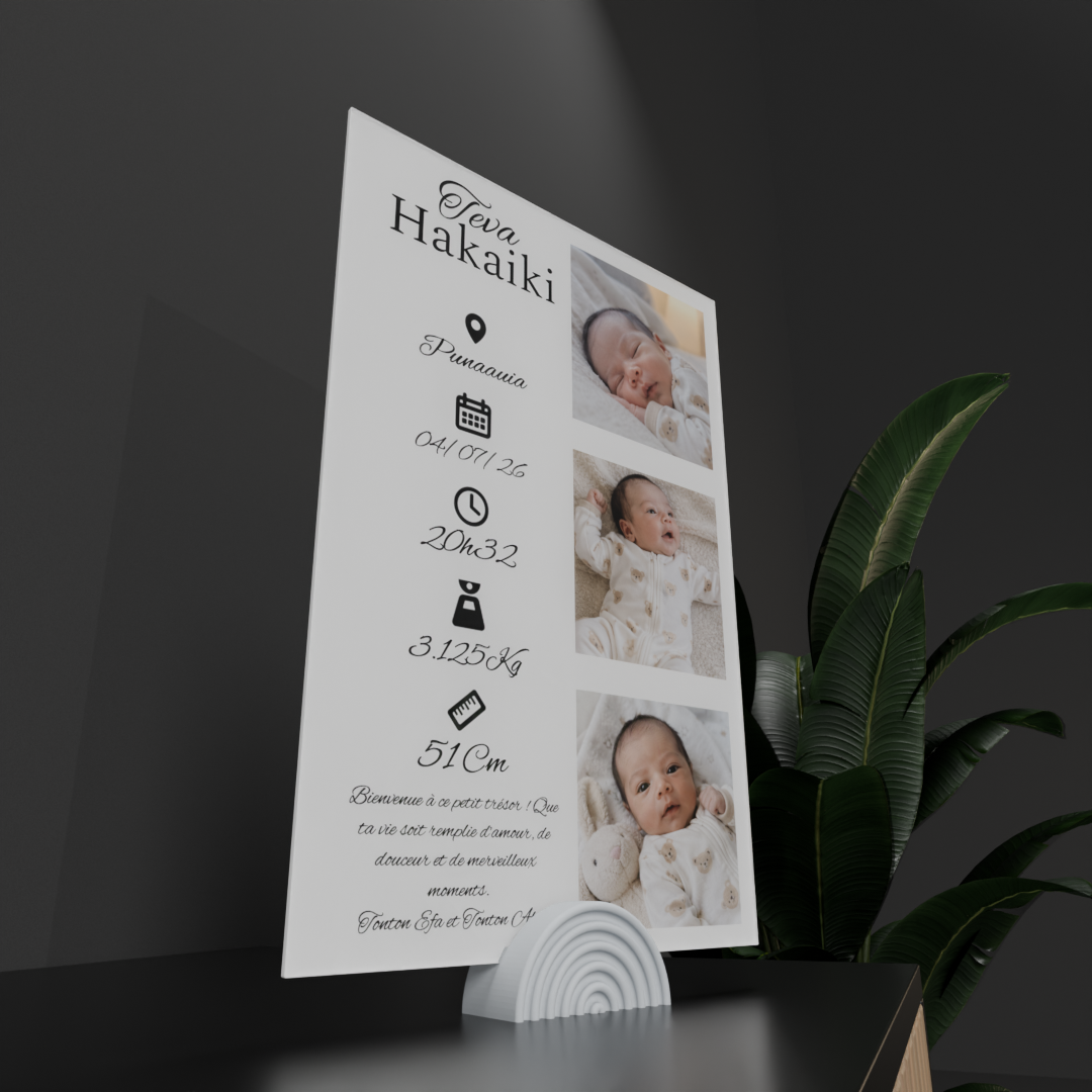 Cadre naissance bébé plexi 20×30 personnalisé, socle arc-en-ciel imprimé en 3D — atelier Punaauia