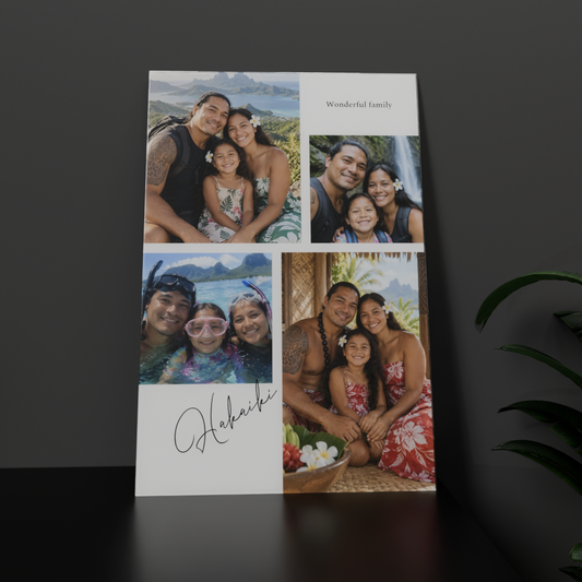 Cadre famille 40×60 en plexi avec 4 photos en mosaïque, titre et nom en signature — Hakaiki Print Tahiti