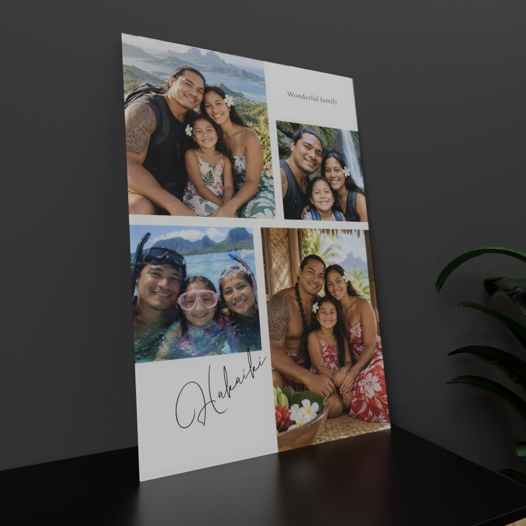 Cadre famille plexi 40×60 personnalisé, 4 photos de famille polynésienne, vue de trois quarts
