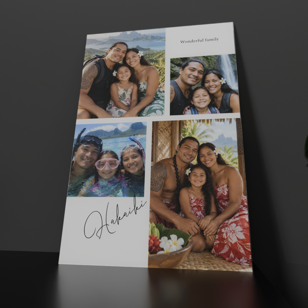 Grand cadre famille 40×60 posé sur un meuble, 4 photos, titre Wonderful family et signature
