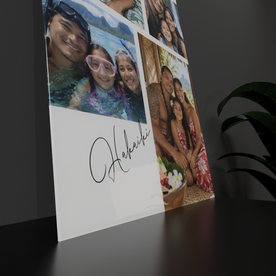 Détail du cadre famille 40×60 : signature en écriture et photos imprimées sur plexi 5 mm