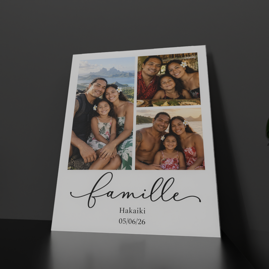 Cadre famille 30×40 en plexi avec 3 photos, le mot famille en écriture, nom et date — Hakaiki Print Tahiti