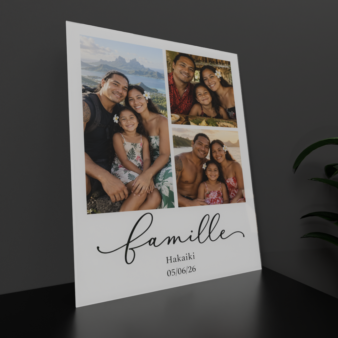 Cadre famille plexi 30×40 personnalisé avec 3 photos de famille polynésienne, vue de trois quarts