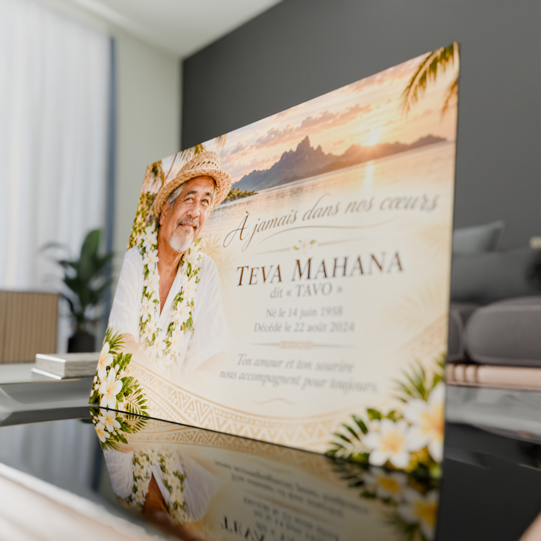 Plaque souvenir Toussaint en aluminium personnalisée avec photo du défunt, Hakaiki Print Tahiti