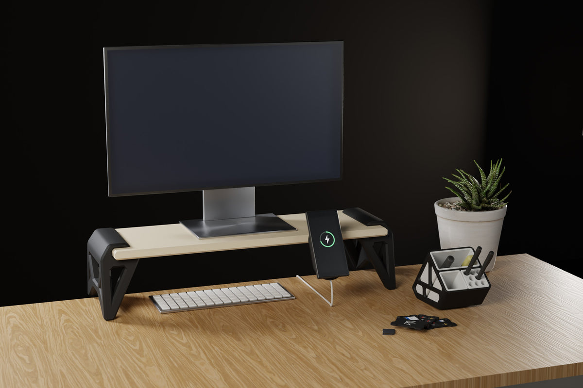 Bureau iki complet : riser écran avec support chargeur MagSafe, organiseur modulaire et plaques cartes SD