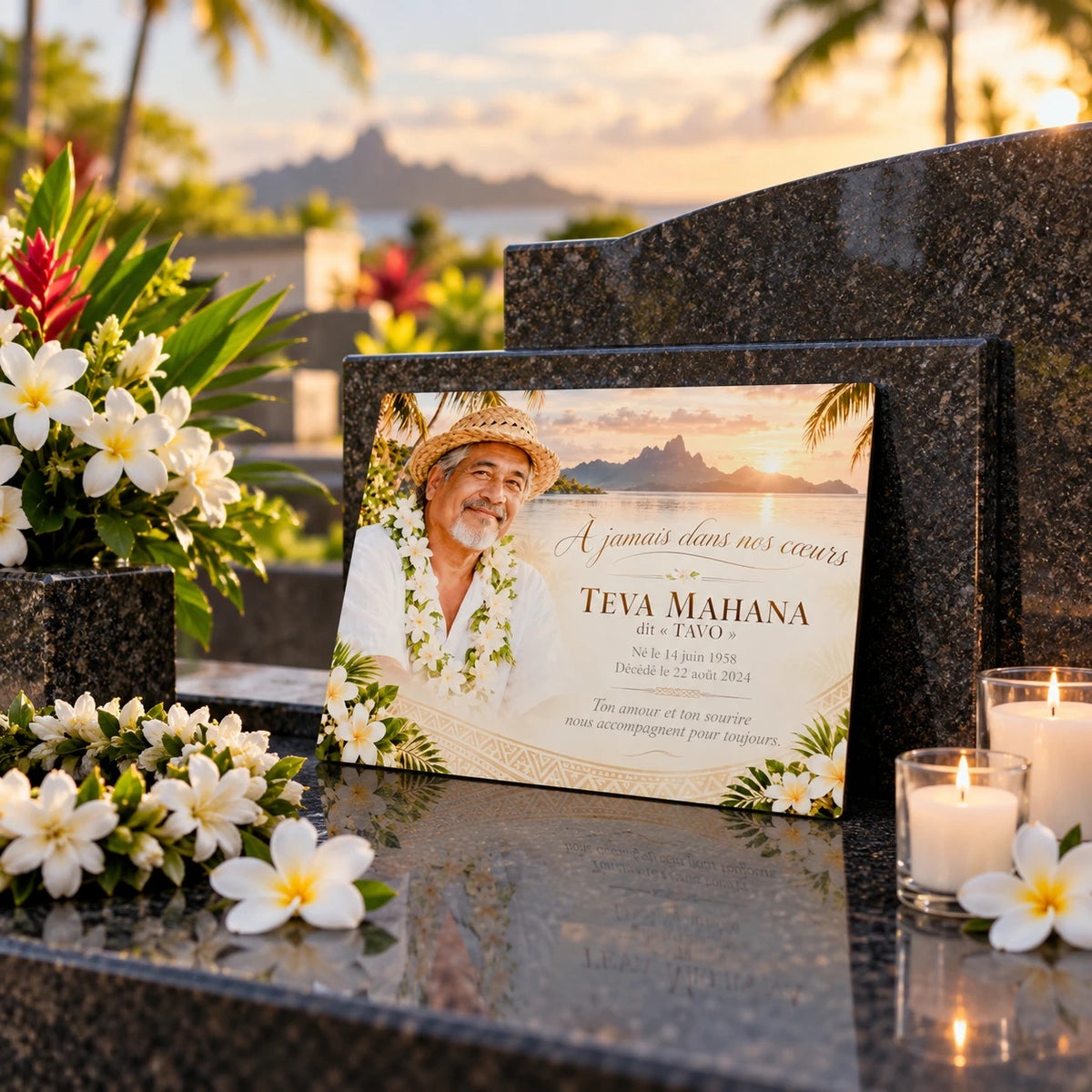 Plaque souvenir Toussaint personnalisée posée sur une tombe en granite noir, fleurs de tiare et bougies, Hakaiki Print Tahiti